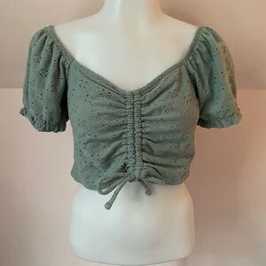 SO Green Puff Sleeve Ruched Crop Blouse